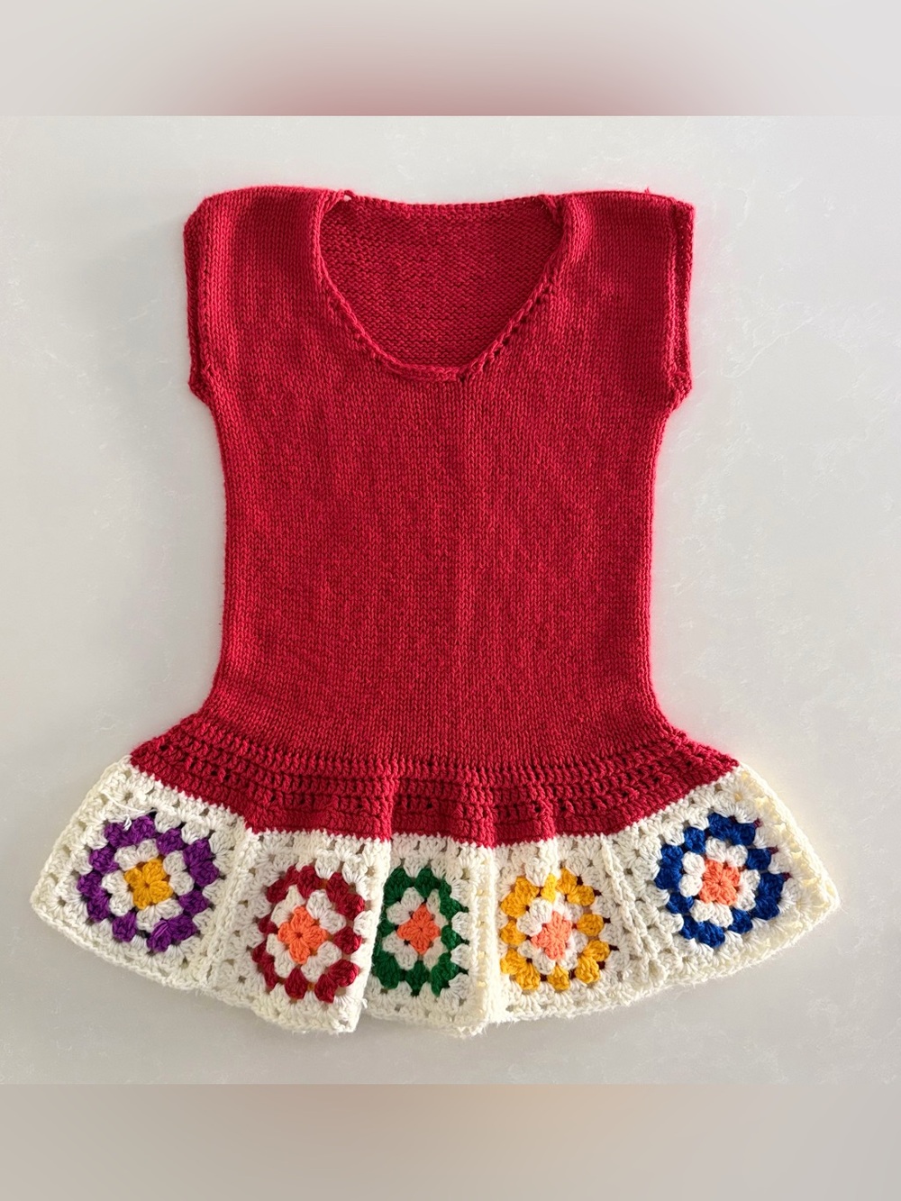 Handmade Knit & Crochet Dress - Red with Granny Square Hem • Size 4T-5T